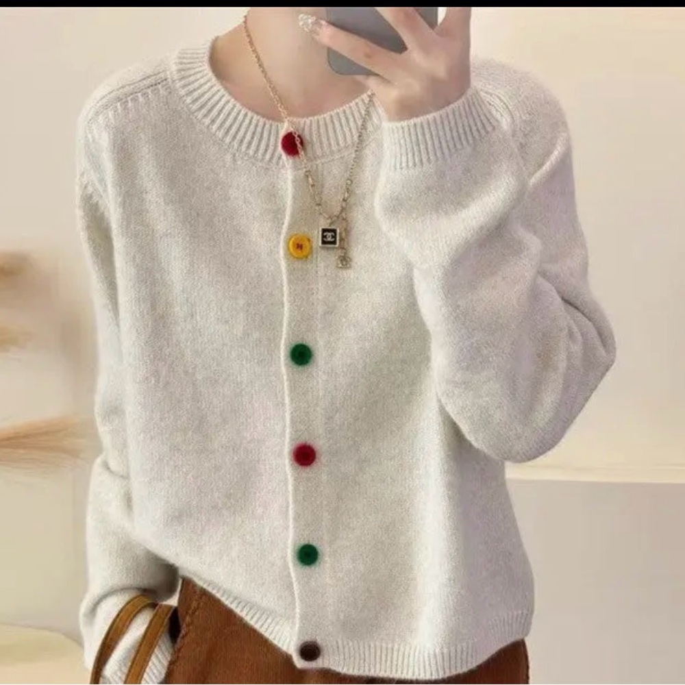White Women's Button-Front Sweater with Colorful Accent Buttons